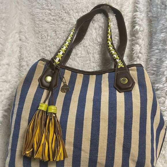 Big Buddha navy Blue &Beige stripes Fabric Large Tote Bag synthetic brown straps - Picture 5 of 16